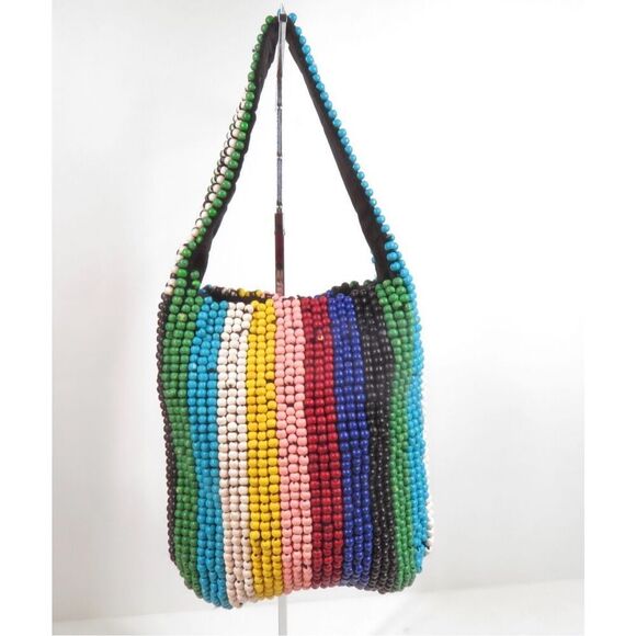 Sam Edelman Haden Rainbow Wooden Beaded Tote Shoulder Bag Rare - Picture 1 of 7